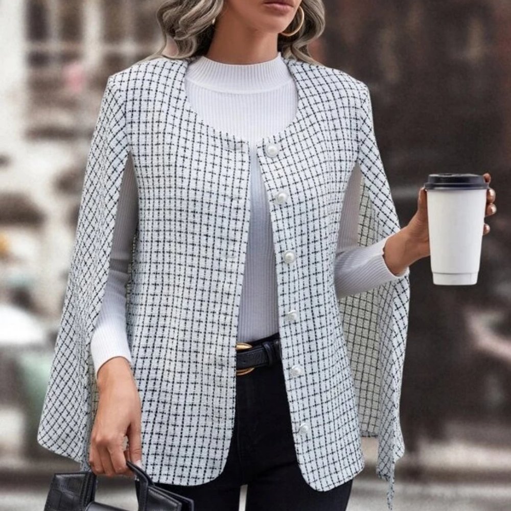 Elegant Cloak Sleeve Plaid Print white Cape Overcoat - Picture 6 of 6